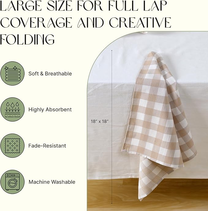Cloth Napkins Set of 12, 100% Cotton Reusable Gingham Printed Dinner Napkins, 18x18 Inch Washable Table & Kitchen Napkins for Home, Dining, Entertaining – Beige & Sand