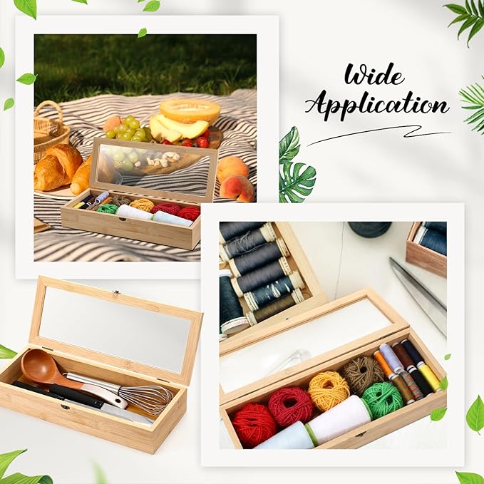 Baderke 2 Pieces Bamboo Drawer Organizer with Clear Lid Stackable Utensil Organizer Kitchen Silverware Holder Bamboo Flatware Cutlery Storage Box in Drawer