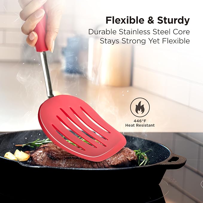 Kitchen Mama WaltzGrip Platinum Silicone Pancake Spatula Turner: Heat Resistant Flexible, Stainless Steel Core, Nonstick, Dishwasher Safe, Flipper – Ideal Kitchen Cookware for Eggs, Fish, Meat (Red)