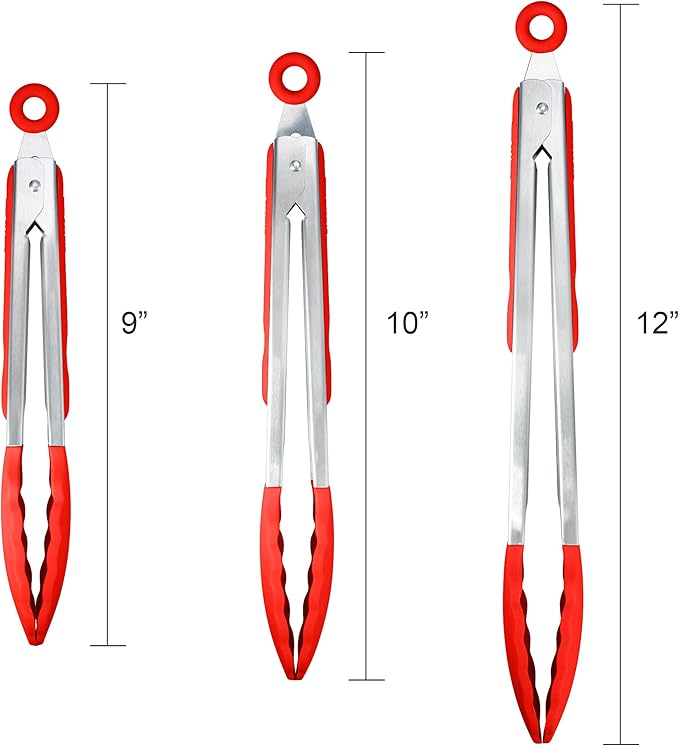 3 Pack Red Kitchen Tongs, Premium Silicone BPA Free Non-Stick Stainless Steel BBQ Cooking Grilling Locking Food Tongs, 9-Inch 10-Inch & 12-Inch
