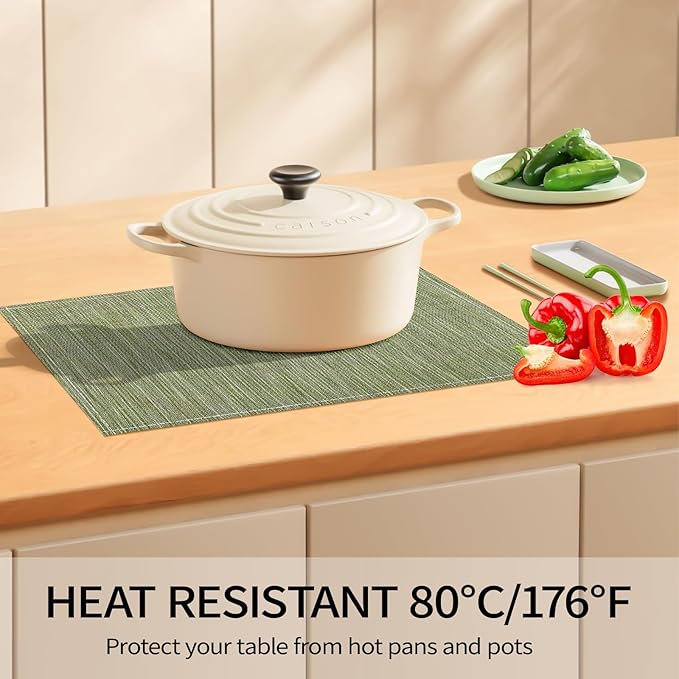 Green Placemats Set of 4, 12x18 Inch Heat-Resistant Washable Easy to Clean Place Mats, Faux Linen Cloth Table Mats Suitable for Indoor/Outdoor Parties & Kitchen Decor (Green)