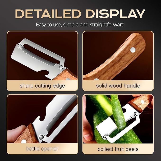 Multifunctional Vegetable Peeler for Kitchen 2 Pcs, Wooden Handle Peeler with Bottle Opener, Kitchen Peelers for Fruit Veggie Pumpkin