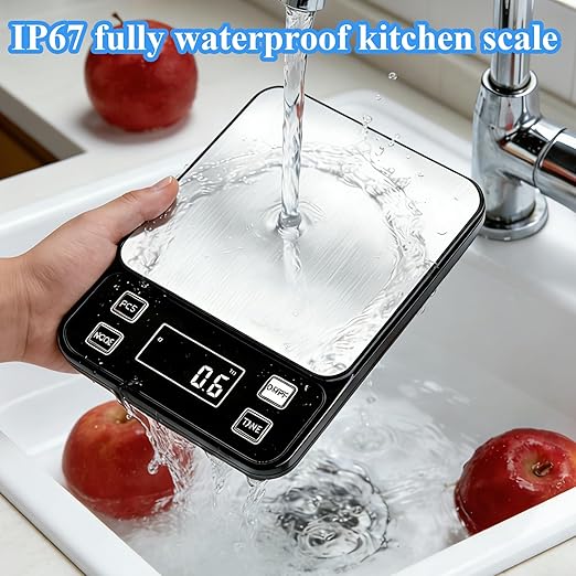 Full Waterproof Digital Scale IP67,5kg Capacity 0.1g Accuracy Kitchen Scale with Type-C Charging Tare Function Stainless Steel Platform for Baking Seafood Food Processing Hardware Counting