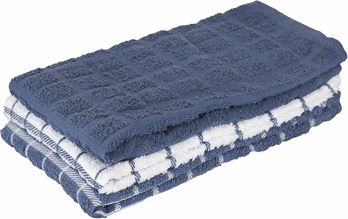 Ritz Premium 100% Cotton Terry Check Kitchen Dish Towels - Highly Absorbent, Super Soft, Long-Lasting, 25"x15", 3-Pack, Federal Blue