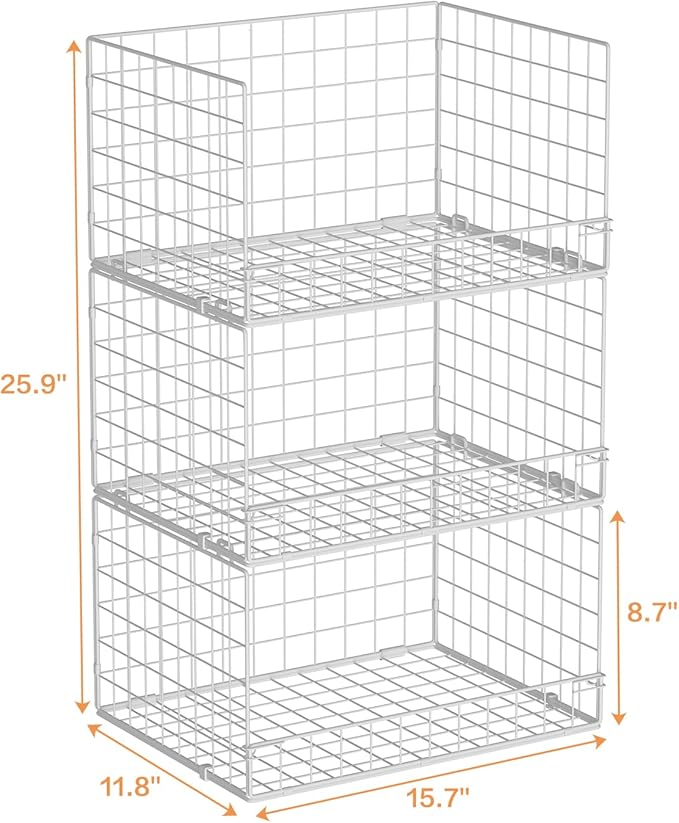 Yociyoga Closet Organizers and Storage Basket- 3-Tier Stackable Storage Bins, Foldable Closet Shelf Organizer Basket, Stackable Clothes Organizers Shelves for Home Organizer System