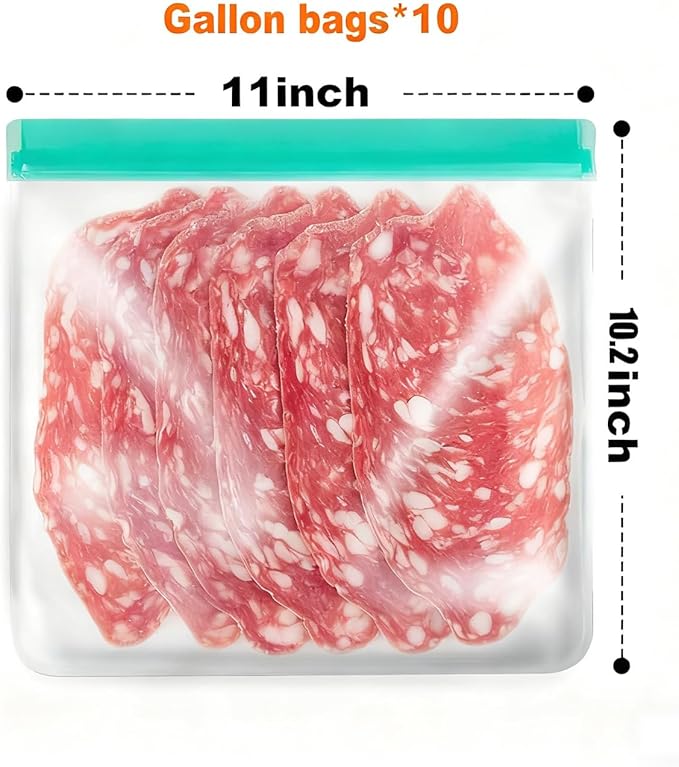10 Pack Reusable Gallon Bags, Extra Thick BPA Free, Dishwasher & Freezer Safe Food Storage Bags for Lunch, Snacks & Home Organization (Blue, 10 Pack Gallon)