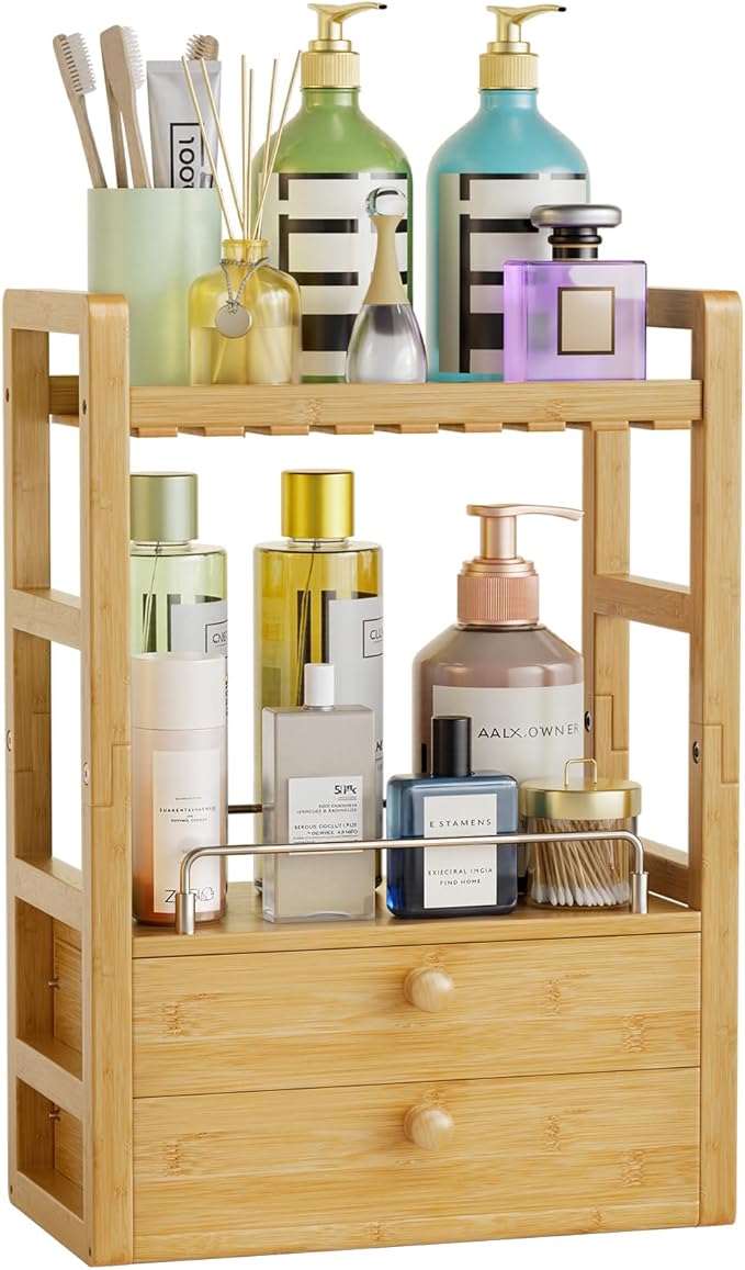 AmazerBath Bamboo Bathroom Countertop Organizer, 2-Tier Makeup Organizer with 2 Drawers, Vanity Organizer Storage Coffee Matcha Station, Compact Shelf for Bathroom Kitchen Office