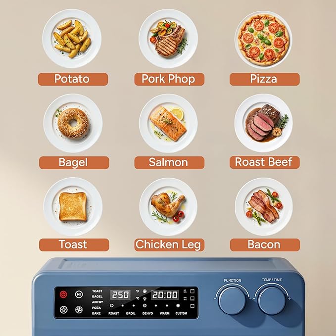 SMIRLY Digital Air Fryer Toaster Oven Combo, 27QT Convection Countertop Oven, 10-in-1 Multi-Function Fits 12" Pizza & 6 Slices of Toast, Stainless Steel, Blue