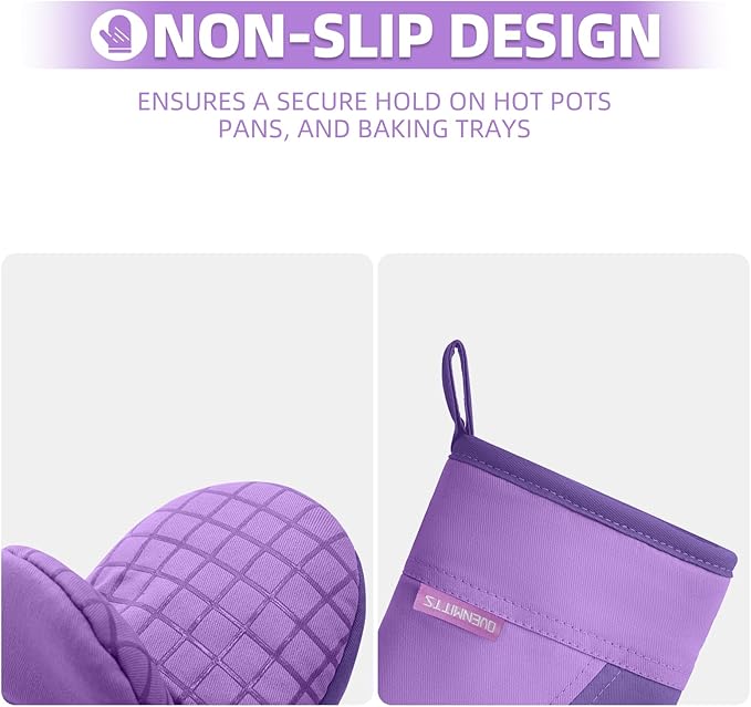 Mini Oven Mitts, Kitchen Oven Gloves Kitchen Mittens 500 Degrees Heat Resistant Baking Gloves, Non-Slip Silicone Surface with Hanging Loops Hot Gloves for Cooking, Baking, BBQ 1 Pair-Purple