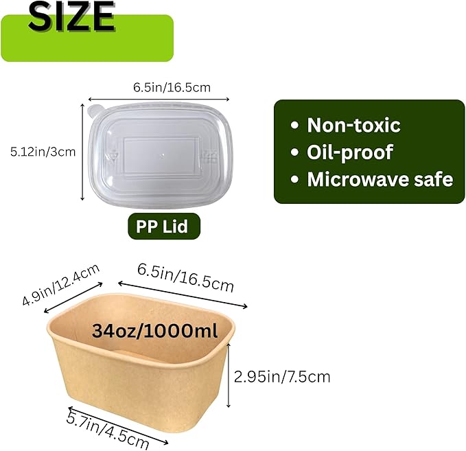 34 OZ Disposable Bowls, 50 Sets Square Kraft Paper Salad Bowls with Lids, Oil-Proof Soup Bowls Microwave Freeze, Perfect for Disposable Meal Prep Food Container Takeout