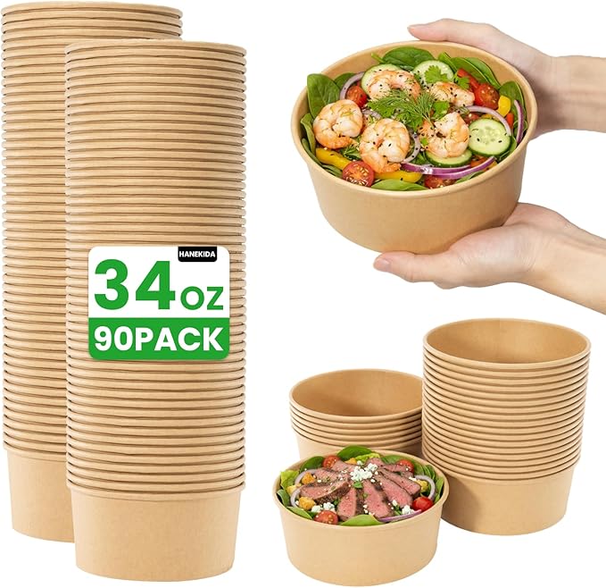 90 Count 34 oz Disposable Paper Bowls (NO LIDS), Soup Bowls Disposable Salad Bowls | Microwave-Safe | for Hot Soup, Pasta, Sandwiches, Ice Cream, Cold Food