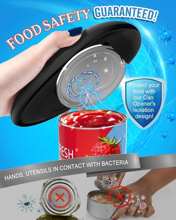 Electric Can Opener, Automatic Hands-Free One Touch, Smooth Edge Safety Cut, Battery Operated, Easy Open for Seniors, Arthritis Friendly, Compact Kitchen Tool Fits Most Can Sizes (Black)