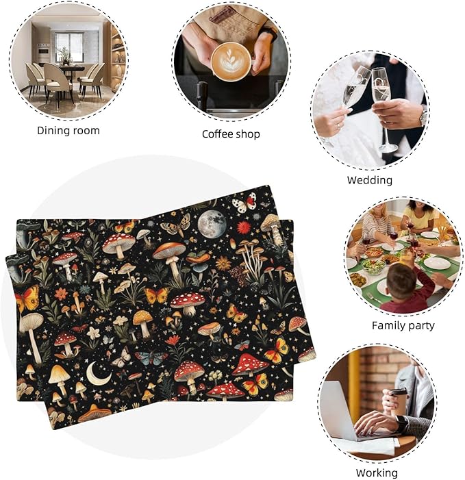 Black Mushroom and Butterfly Linen Placemats Set of 4, Heat Resistant Washable Table Mats for Kitchen Dining Table Party Holiday Outdoor Farmhous, Home Witchy Kitchen Decor, 12" x 18" Place Mats Black