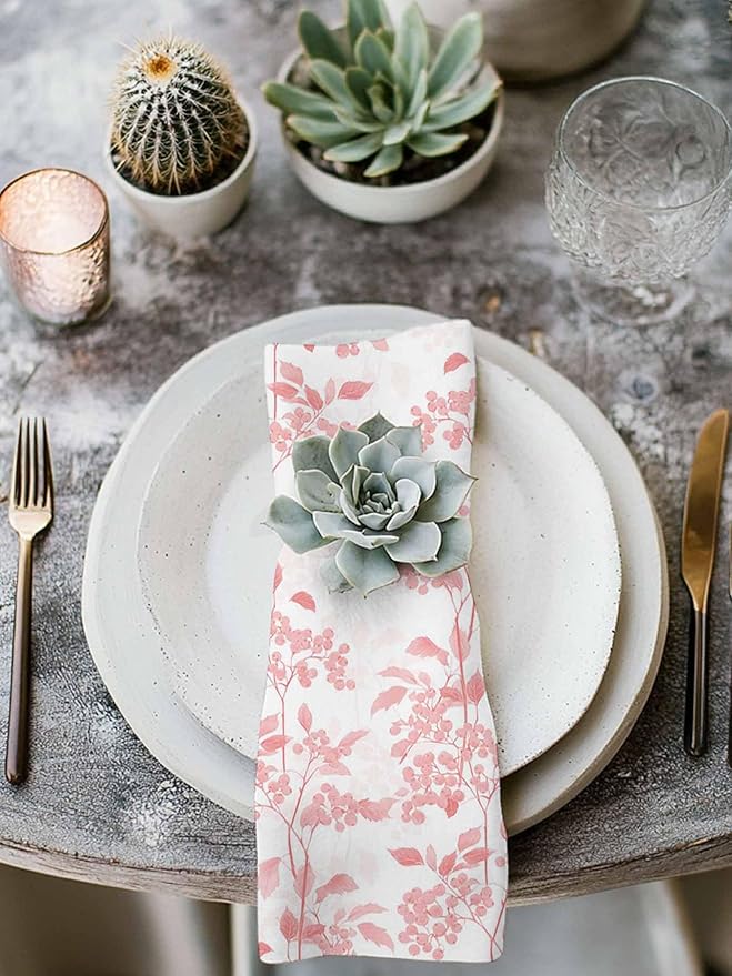 Pink Flower Leaves Cloth Napkins Set of 6 - Washable Dinner Napkins Reusable Table Napkin for Home Party Weeding Dining Table Setting Decoration,Oversized Grey Modern Pastel White Floral Spring Summer