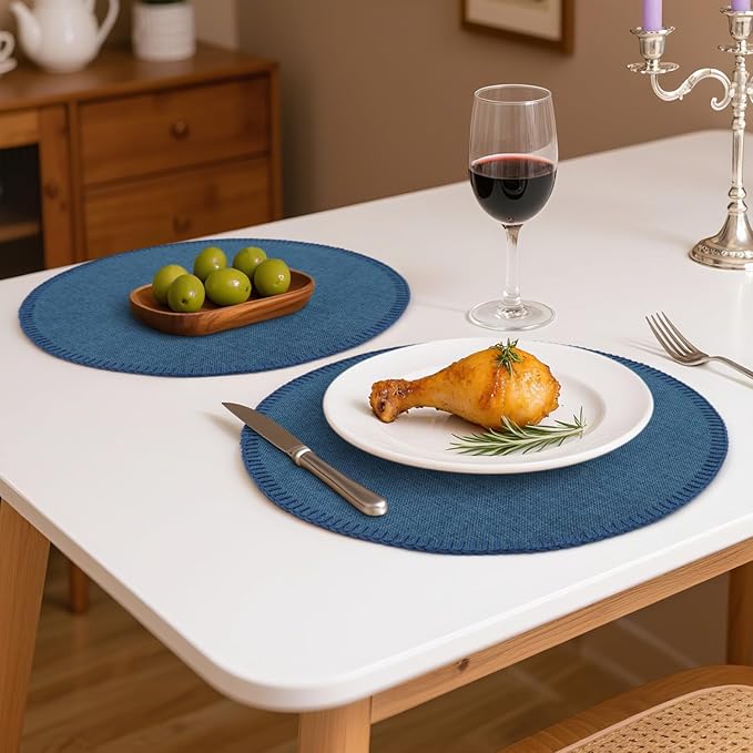 Round Placemats Set of 6, 15 Inch Linen Fabric Table Placemats, Heat Resistant, Wrinkle Free Washable Placemats Kitchen Place Mats Set of 6 for Dining Table Party Table (Navy Blue, 6)