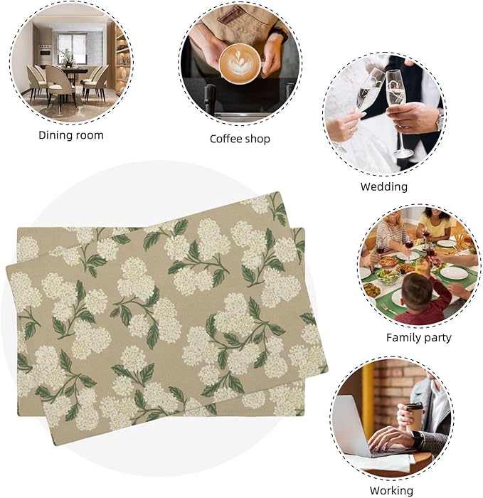 Beige Placemats Set of 4 Khaki Green Hydrangea Flower Decor Place Mats 12x18 Inch Vintage Floral Spring Summer Seasonal Decorative Linen Table Mats for Kitchen Dining Party Table Decoration