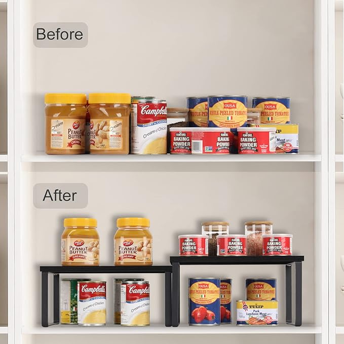 CADUKE Set of 4 Kitchen Counter Shelves Stackable Shelf Organizer Wood Countertop Shelves Expandable Cabinet Shelf Organizers Countertop Storage Rack for Pantry, Industrial Black