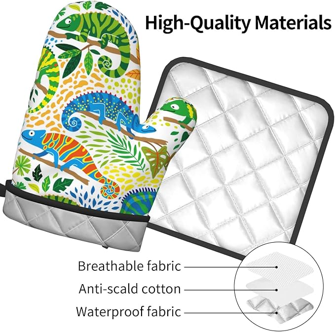 Cute Chameleon with Tropical Plants Oven Mitts and Pot Holders Heat Resistant Oven Mitts Safe for Baking Cooking BBQ