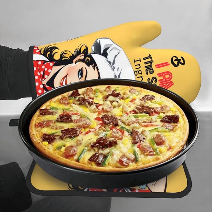 Cute Yellow Retro Chef Humorous Oven Mitts & Pot Holders Set of 3, Heat Resistant Funny Kitchen Gloves and Hot Pads for Cooking Baking Grilling, Gifts for Women Cooking Lovers, Home Decor, Yellow Red