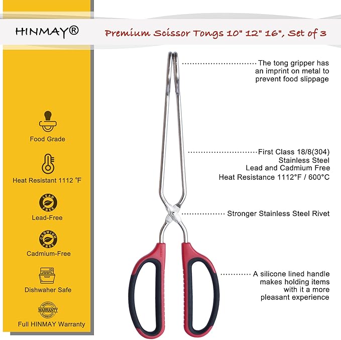 HINMAY Stainless Steel Kitchen Scissor Tongs Set for Cooking, Grilling & Serving, 3-Piece with Red Handle (10/12/16 Inch)