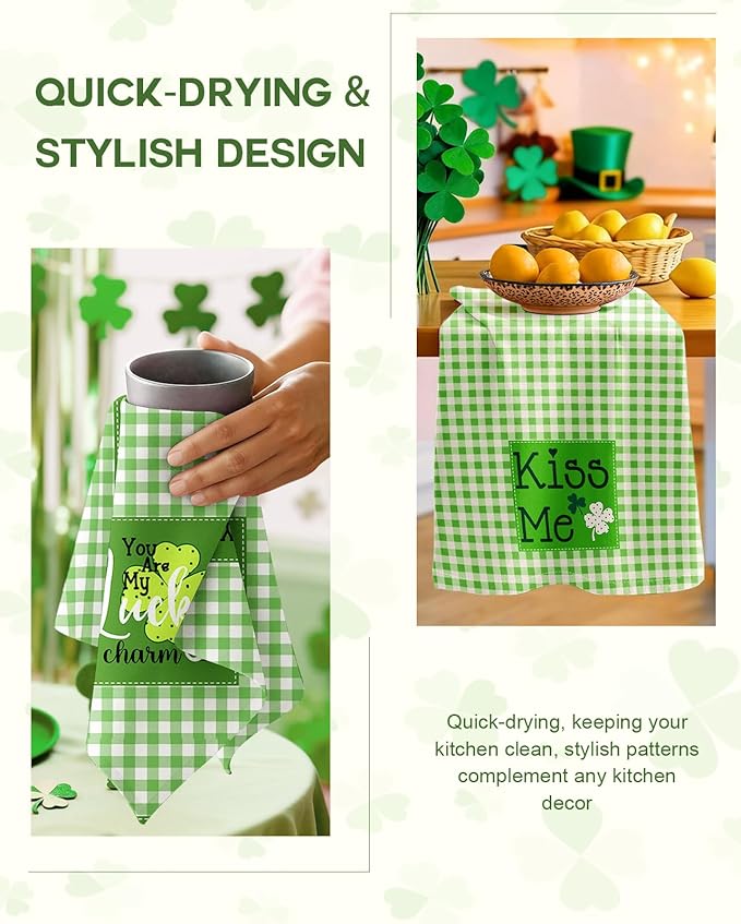 Miss Adola St. Patrick's Day Kitchen Towels Set of 2 - Flour Sack Tea Towels with Hanging Loop 18x26 Inch Green Lucky Charm Hand Dish Cloths Reusable Dishcloths Celebrate Patricks Day Decor