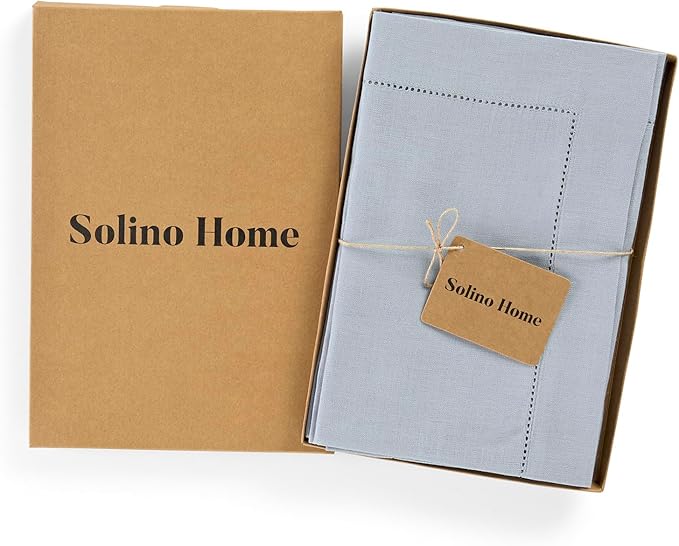 Solino Home Dusty Blue Linen Napkins Set of 4-100% Pure Linen Hemstitch Dinner Napkins 20 x 20 Inch for Spring, Summer, Mothers Day - Classic Hemstitch
