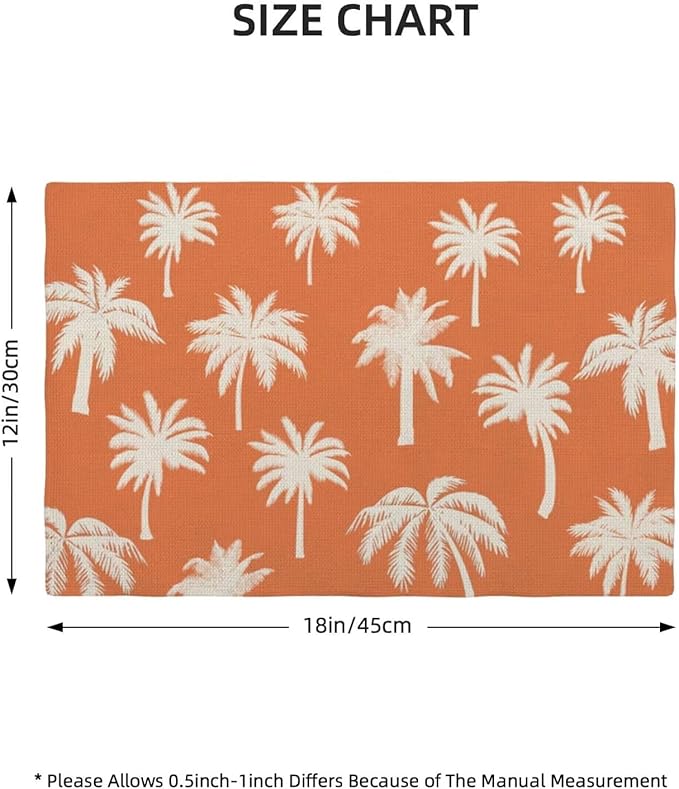 Palm Tree Placemats 12x18 Inch Set of 4, Summer Burnt Orange Table Place Mat Vintage Tropical Washable Table Mats Decorative Linen Fabric Table Mat for Dining Table Decor