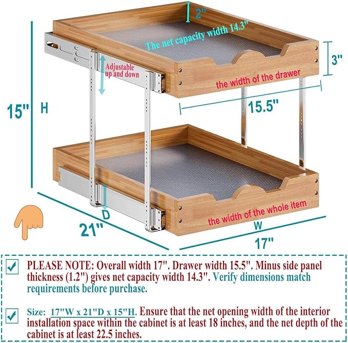 OCG 2 Tier Pull Out Cabinet Organizer (17"W x 21"D), Double Tier Slide out Wood Drawer Shelf, Pull Out Shelves for Base Cabinet Organization in Kitchen, Pantry, Bathroom