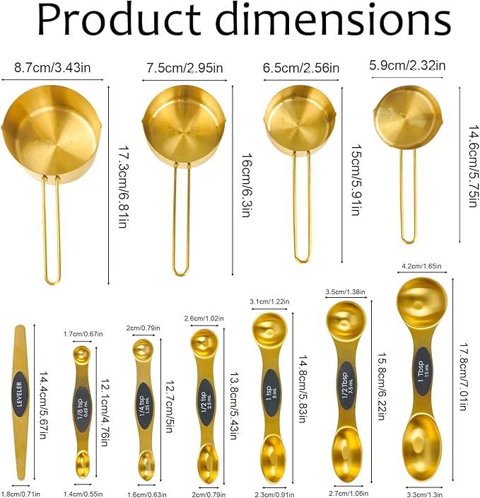 11 pcs Gold Measuring Cups and Spoons Set,Includes 4pcs Measuring Cups And 6pcs Magnetic Measuring Spoons & 1 Leveler,Stainless Steel is Ideal for Measuring Liquids And Dry Ingredients