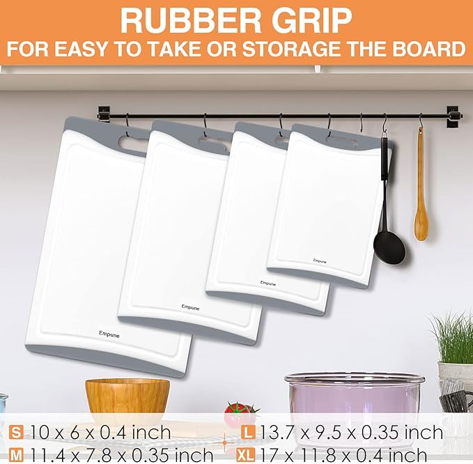 Extra Large Cutting Boards, Plastic Cutting Boards for Kitchen (Set of 4) Cutting Board Set Dishwasher Safe Chopping Board with Juice Grooves Easy-Grip Handles, Grey, Empune