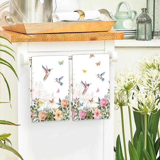 Bird Floral Hummingbird Kitchen Towels 2 Pcs Decorative Hand Towel Absorbent Dishcloth 16”X 24”