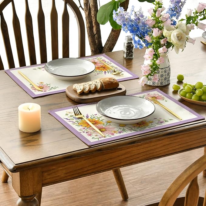 Artoid Mode Purple Sunflowers Butterfly Spring Placemats Set of 4, 12x18 Inch Seasonal Summer Holiday Table Mats for Party Kitchen Dining Decoration