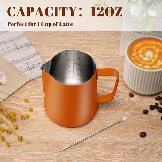 Amrules Milk Frothing Pitcher, 12 oz Milk Frother Cup with Clear Scale, 304 Stainless Steel Cappuccino Espresso Machine Accessories for Barista Coffee Bar with Latte Art Pen, Orange