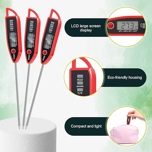 Copkim Instant Read Meat Thermometer with Long Probe 9.65 Inch Kitchen Cooking Food Candy Waterproof Digital Thermometer for BBQ Water Milk Yogurt Liquid(Pointed,Red)