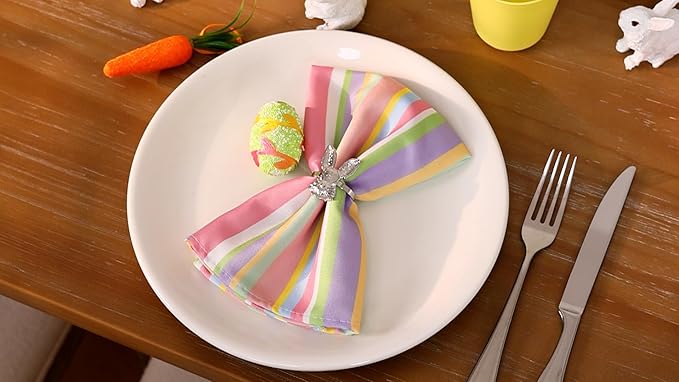 Socomi Easter Cloth Napkins Pastel Stripe Washable Spring Napkins 17"x17" for Wedding Party Bridal Baby Shower Birthday Table Decorations Set of 10