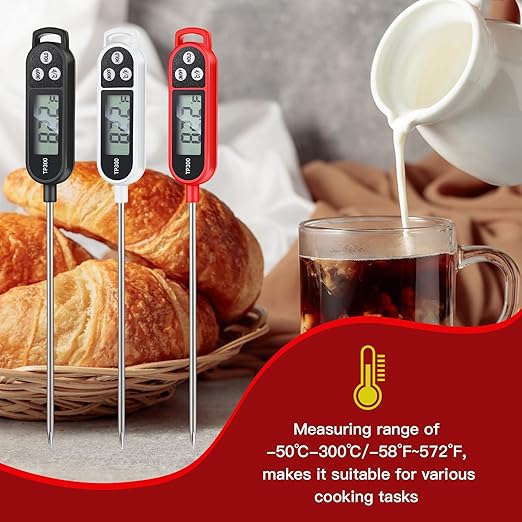 Copkim 6 Pcs Instant Read Meat Thermometer with Long Probe 9.65 Inch Kitchen Cooking Food Candy Waterproof Digital Thermometer for BBQ Water Milk Yogurt Liquid (Round&Square Ring,Black,White,Red)
