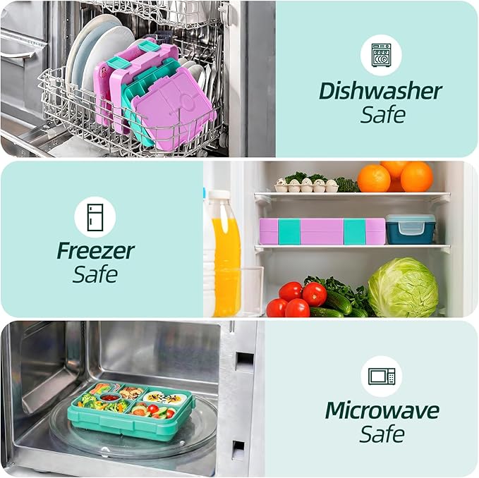 Bento Lunch Box for Kids, 6 Compartments BPA Free, Dishwasher Safe Back to School Snack Bento Lunch Containers Boxes, Ideal Portion Sizes for On-the-Go Meal, Ages 3+, School, Pink Patterned