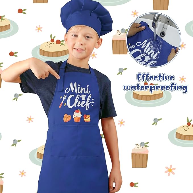 Kids Apron and Chef Hat Set, “Mini Chef” Funny Apron Adjustable Kitchen Apron for Boys and Girls