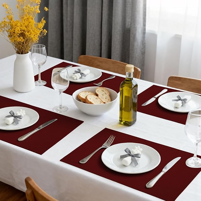 Placemats Set of 6 Linen Type Fabric Cloth Placemats, 18x12 Inch Double Layered Thick Wrinkle Free Heat Resistant Table Place, for Dining, Kitchen, Party (45 * 30cm, Burgundy)