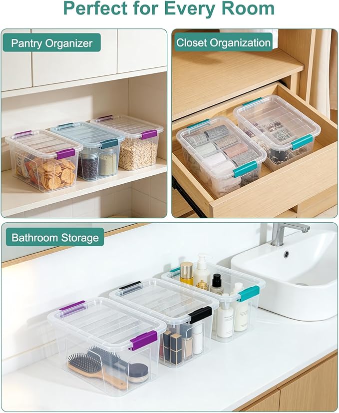 EOENVIVS Clear Storage Bins with Lids 6 Pack, 7 Qt Stackable Storage Containers with Buckle Lock, Durable Plastic Containers & Storage Box Organizer for Pantry, Bathroom, Closet & Office Use