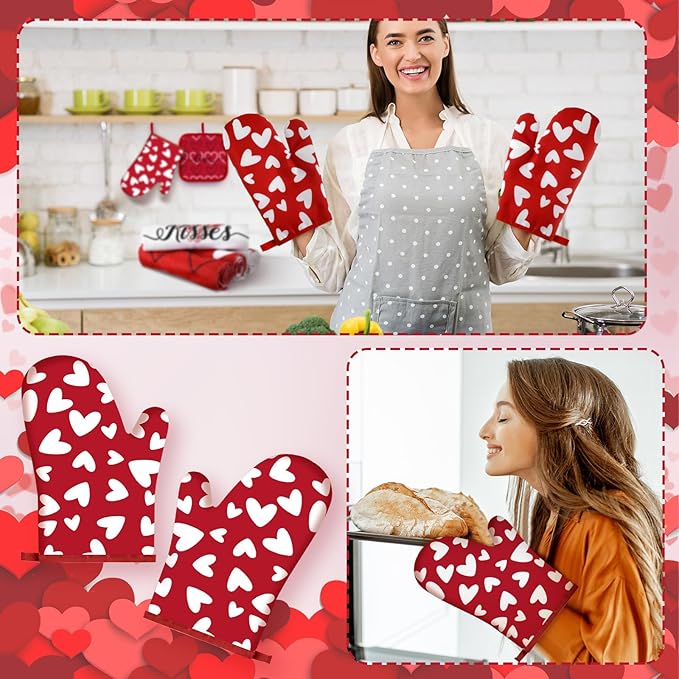 VitalCozy 10 Pcs Valentine's Day Kitchen Decor Set Heart Kitchen Towels and Rugs Oven Mitts and Pot Holders Set Absorbent Tea Hand Towels for Chef Baking Cooking Grilling BBQ Gift