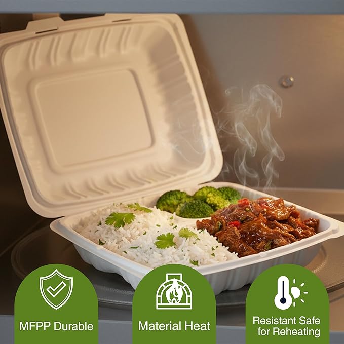 Front Lock MFPP Hinged Food Containers, 9" x 9" White Vented Clamshell – 3 Compartment Disposable Takeout Boxes, Durable Microwaveable Containers for Restaurants & Food Service – 150 Pack