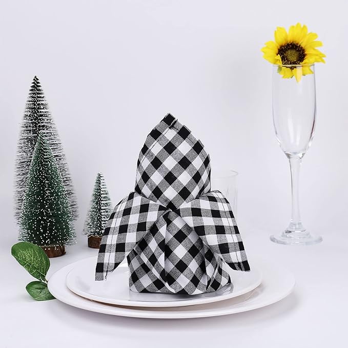 Black and White Checkered Napkins Set of 6, 18 x 18 Inches Buffalo Plaid Cloth Napkins, Halloween Washable Reusable Gingham Cloth Table Dinner Napkins for Wedding, Parties, Dinner Celebration
