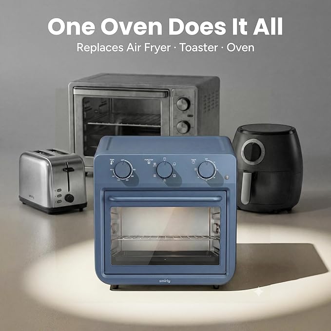 SMIRLY 6-in-1 Air Fryer Toaster Oven Combo, 27QT Convection Oven Countertop, 60 Min Timer, 1800W Oven for Toast, Roast, Bake, Reheat, Broil, Warm, Fits up to a 5 lb Turkey, 12" Pizza, 8 Toast, Blue