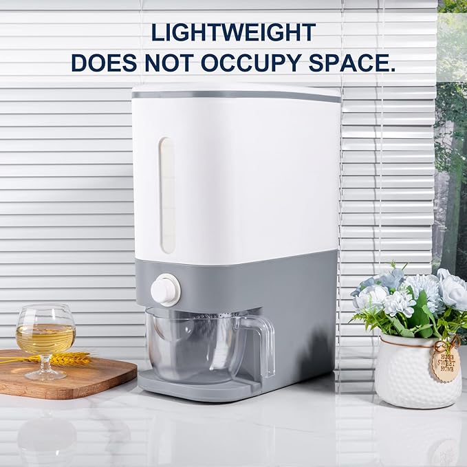 Rubtlamp 22.5-25 Lbs Gray Rice Dispenser, Rice Container with Lid, Rice Storage Container with Measuring Cup, Food Dispenser Rice Container, Storage Container for Cereal, Household Rice Bucket