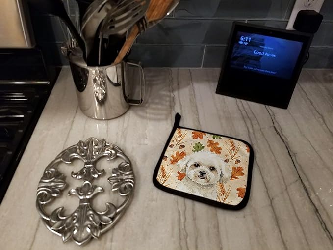 Caroline's Treasures White and Cream Bichon Frise Heirloom Fall Pair of Pot Holders Pair 7.5x7.5 Quilted Insulated Hot Pads Decorative Kitchen Gift Made in USA