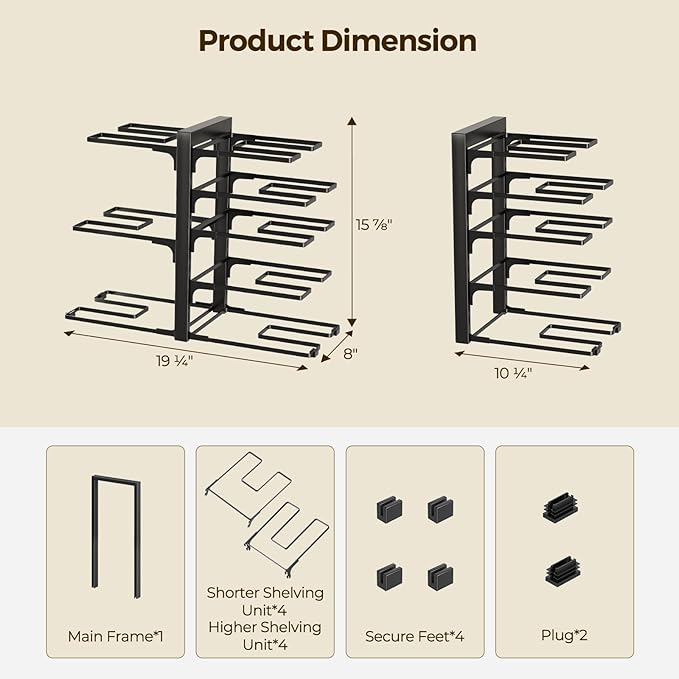 LAMU Pots and Pans Organizer Organizer under Cabinet 15.83" Height, 8 Adjustable Tier Heavy Duty 120LB Pot and Pan Organizer Rack inside Cabinet for Cast-iron Pan, Heavy Skillets Griddle, Shallow Pot