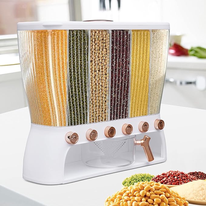 6 Grids Grain Dispenser Can, Cereal Rice & Grain Storage Container 6 Grid Beans Dispenser with Measuring Cup Wall mounted Dry Food Grain Dispenser for Grains Rice Dry Food Beans (White and Gold)
