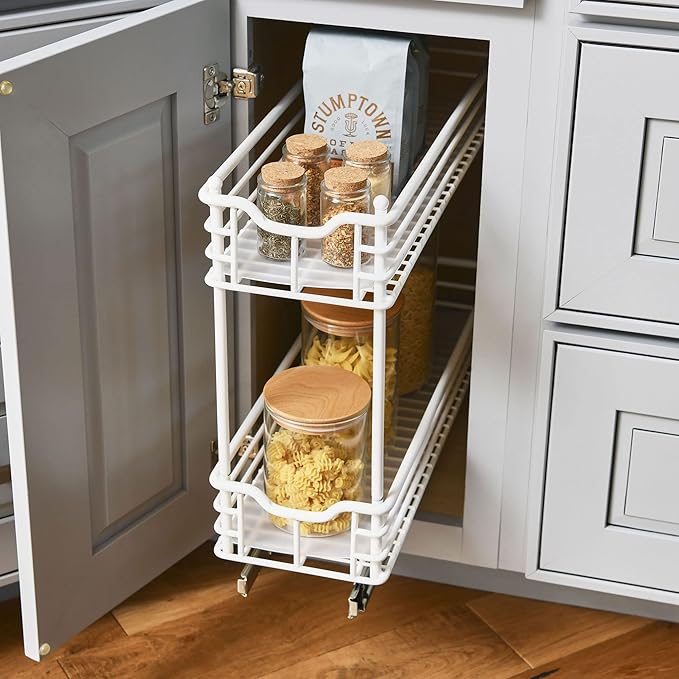 Household Essentials Glidez Multipurpose Paint-Finished Steel Pull-Out/Slide-Out Storage Organizer with Plastic Liners for Under Cabinet Use - 2-Tier Design, White