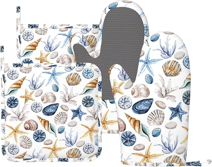 Blue Seashell Starfish Oven Mitts and Pot Holders 4 pcs Set Silicone Watercolor Shells Kitchen Oven Mitt Gloves Pot Holders Non-Slip Heat Resistant Cooking Mitts Set for Kitchen Baking